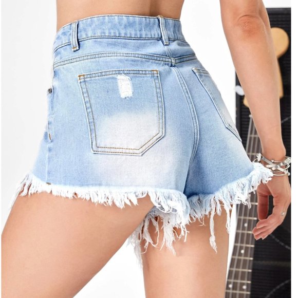 Ripped Raw Hem Denim Shorts - Picture 2 of 4